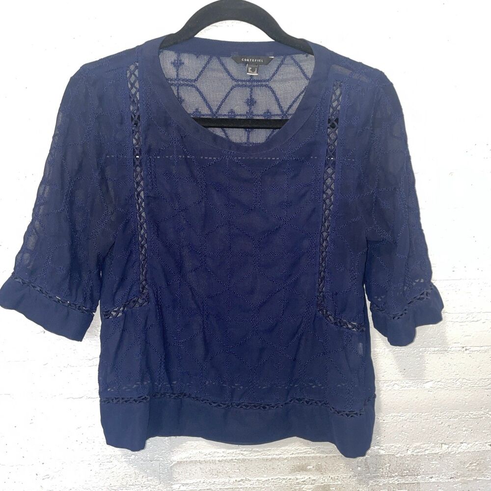Cortefiel Women's Blue Sheer Top, Feminine Preppy Lace, S